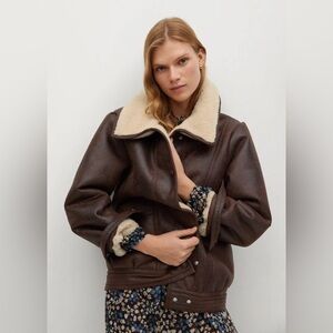 Mango Women’s Faux Suede and Shearling Aviator Jacket Brown Bomber Size S